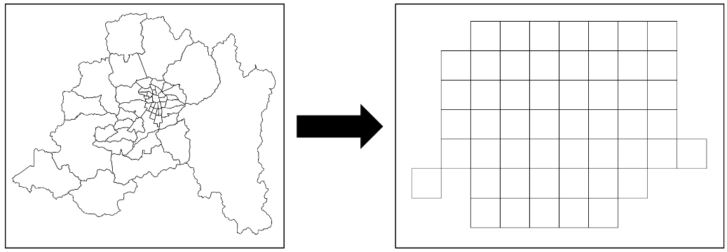 Transformación de datos espaciales de la ciudad de Santiago a cuadricula fiel en distribución de comunas.